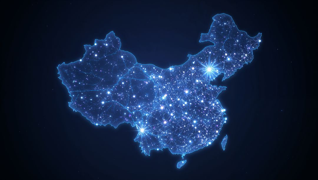 Digital Network Map of China with Glowing Connectivity Nodes