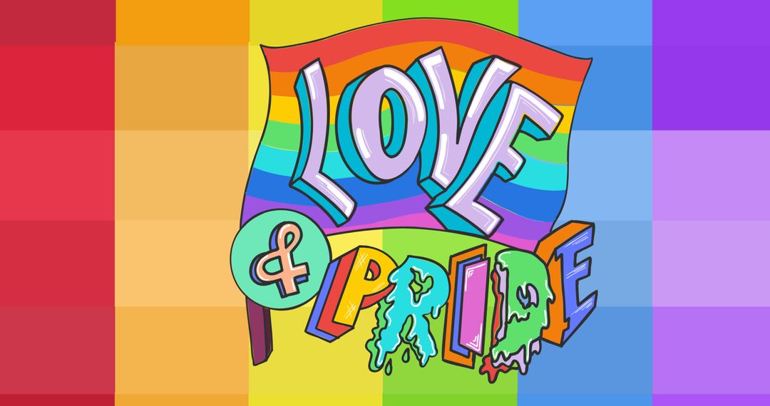 Colorful Love and Pride Text with Rainbow Flag