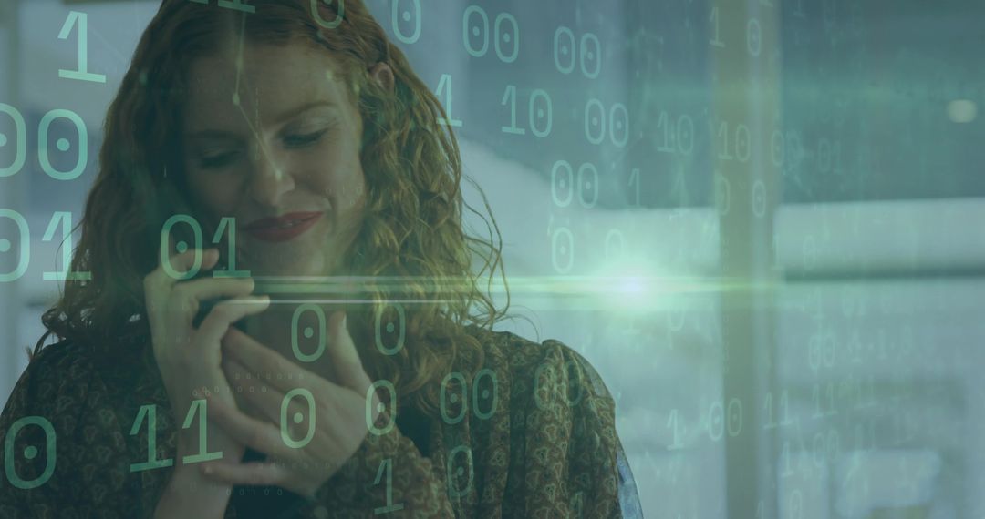 Businesswoman Communicates with Smartphone and Binary Overlay