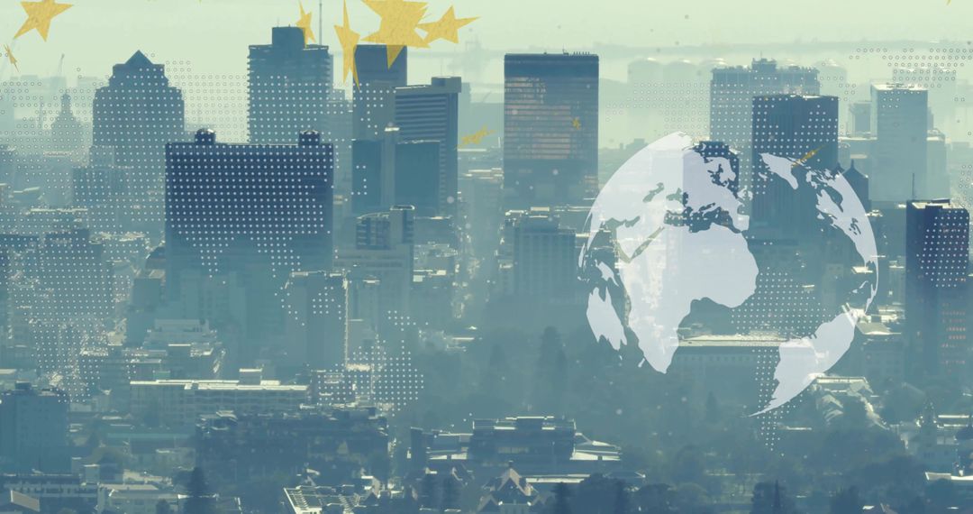 Futuristic Globe Overlay on Urban Skyline with Digital Effects