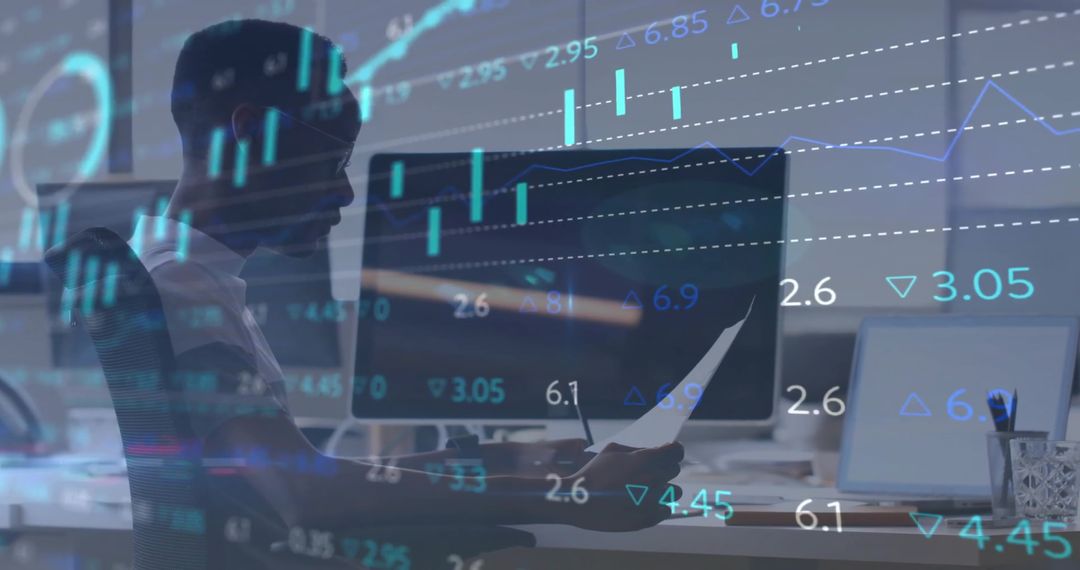 Financial Analyst Assessing Data with Digital Charts Overlay