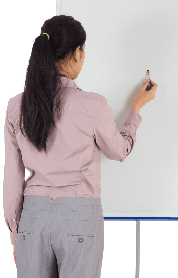 Businesswoman Painting on Transparent Easel Rear View Scene