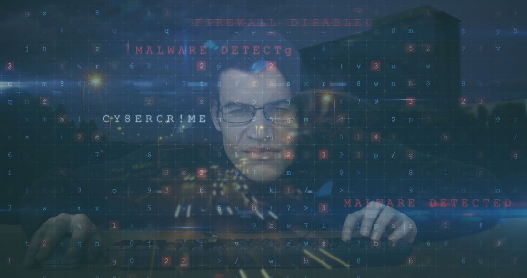 Hacker at Desk Amidst Digital Security Breach at Night