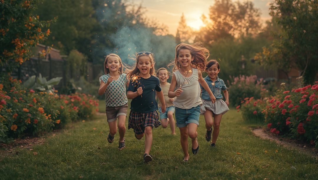Joyful Group of Girls Running with Sparklers in Lush Backyard