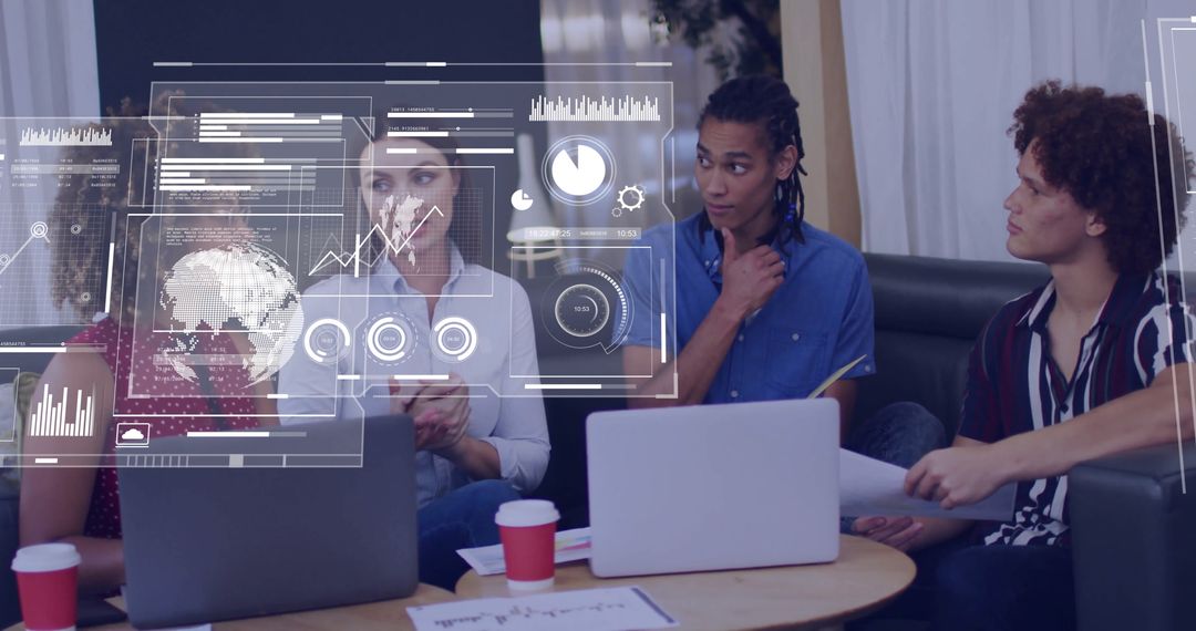 Team Analysts Collaborating with Data Interface in Modern Office