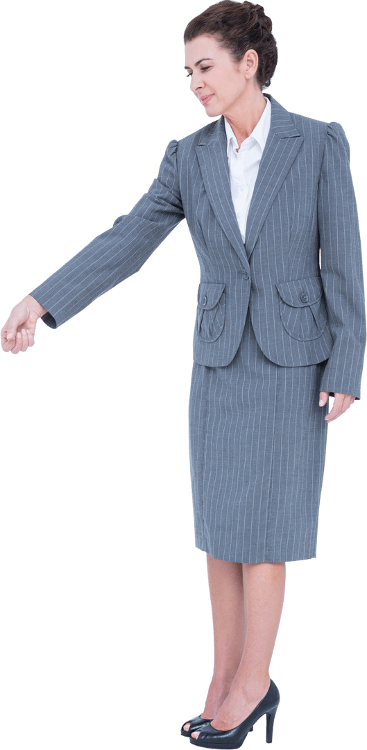 Transparent Businesswoman Holding Invisible Object on White Background