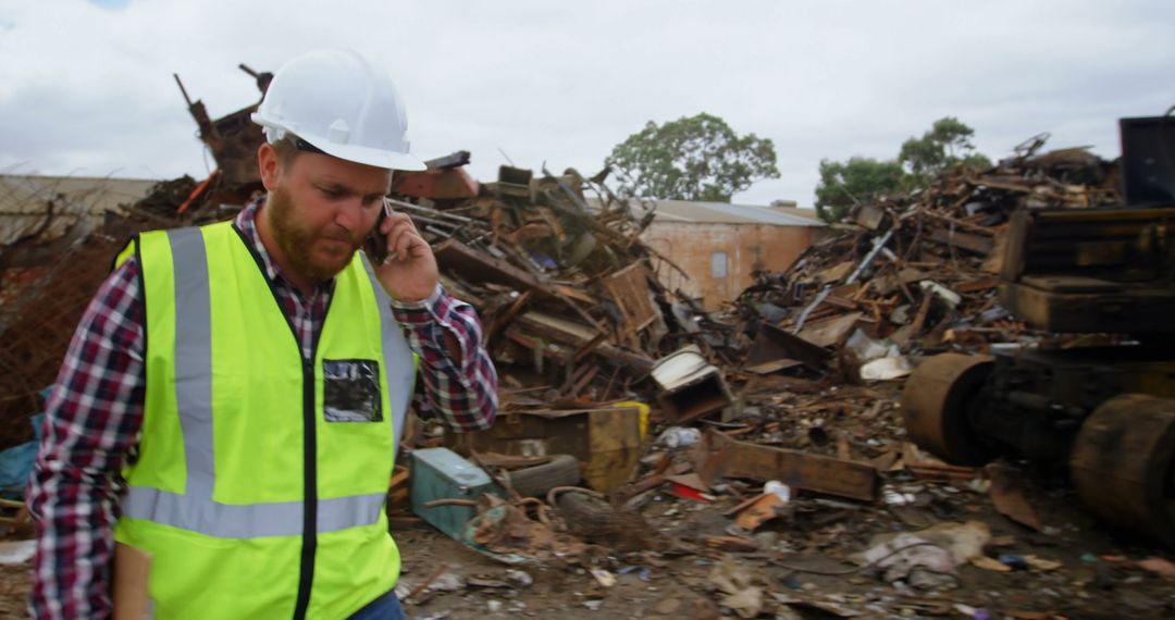 Construction Worker Speaking on Phone at Junkyard - Free Images, Stock Photos and Pictures on Pikwizard.com