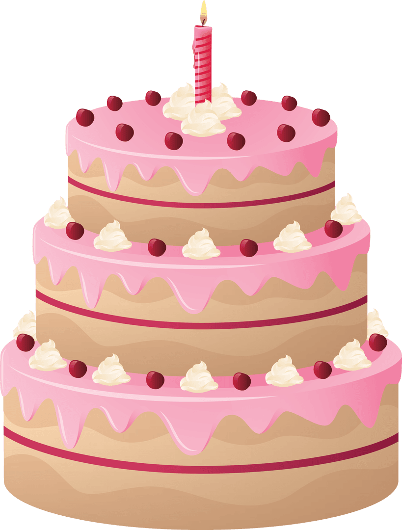 Pink Iced Birthday Cake with Candle on Transparent Background