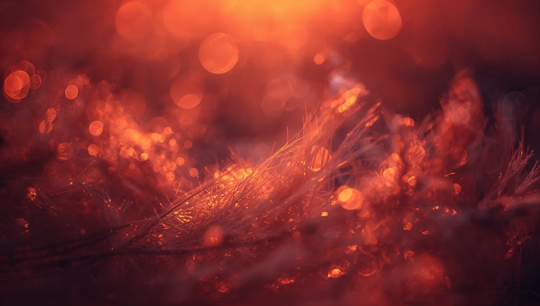 Amber dew bokeh on grass and pine needles glowing at sunrise macro abstract background