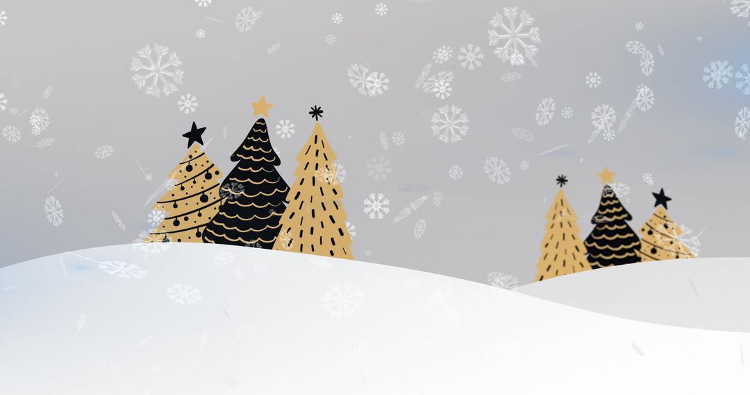 Minimalist Christmas Trees on Snowy Landscape with Falling Snowflakes
