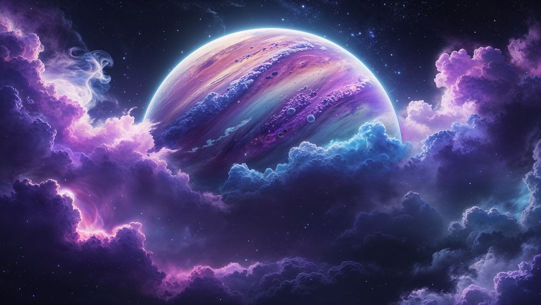 Spectacular venus cosmic scene with ethereal purple nebula surrounding gas giant