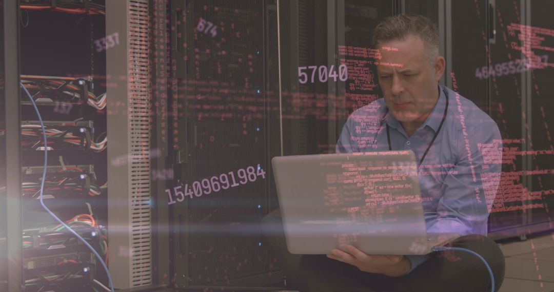 Cybersecurity Analyst in Server Room Analyzing Digital Data