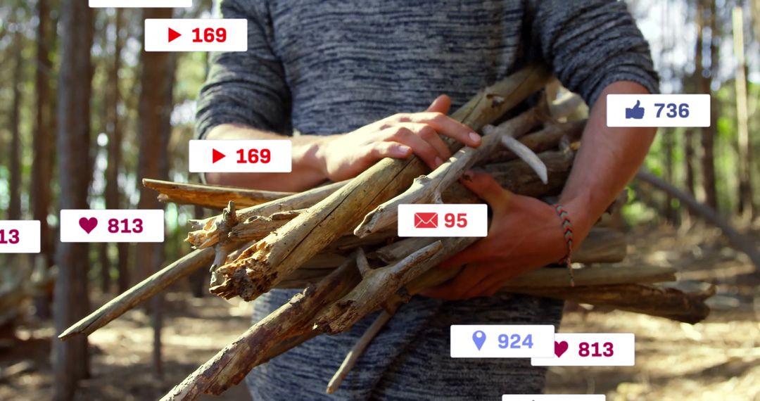 Digital Engagement with Man Collecting Branches in Forest