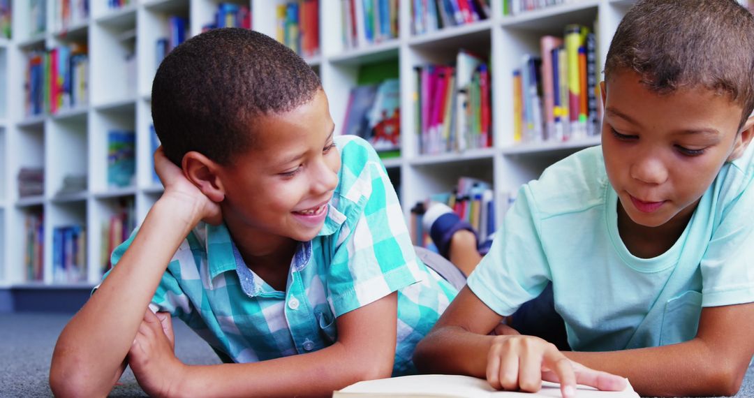 Young Boys Reading in Vibrant Library Environment