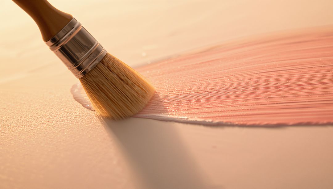 Applying Brushstroke Laying Peach Paint on Primed Canvas Macro Texture Warm Light