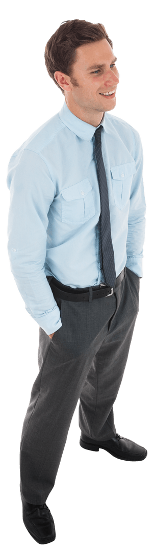Transparent Smiling Professional in Formal Attire with Hands in Pockets