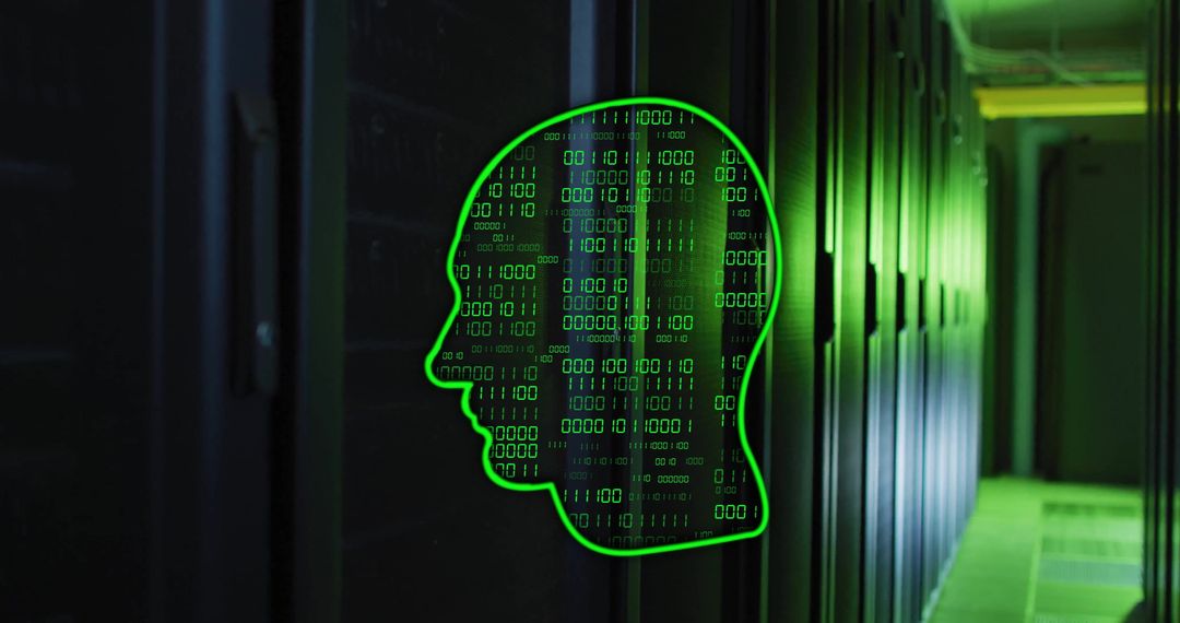 AI Conceptual Image with Binary Code and Brain over Data Servers