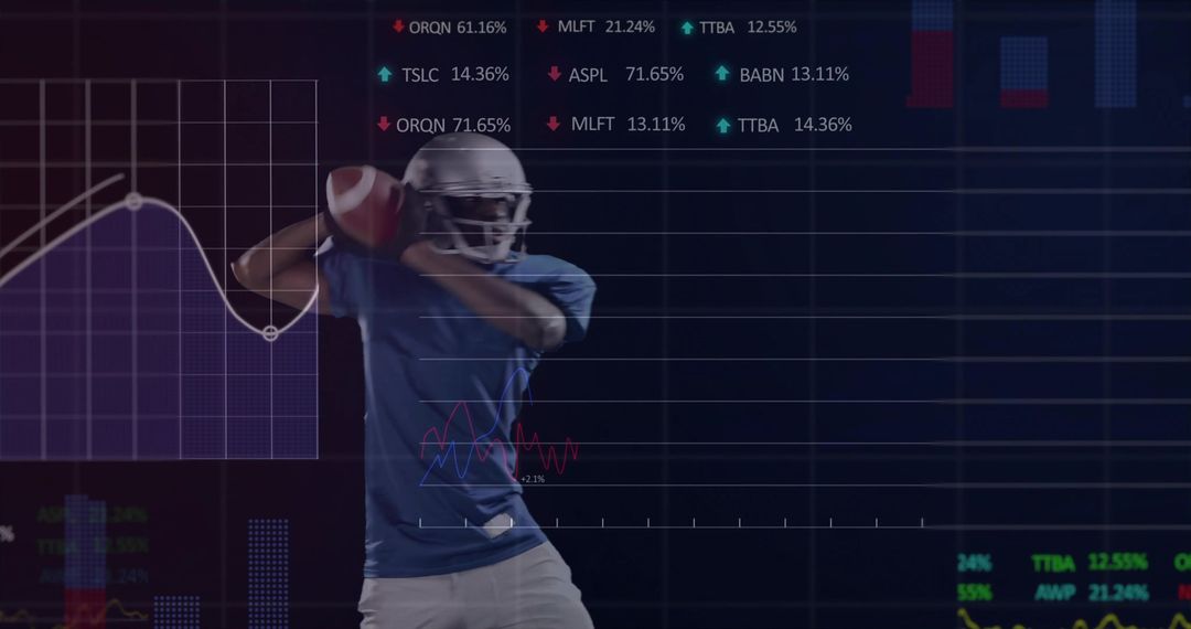 Quarterback preparing throw with data visualization overlay and sports performance charts