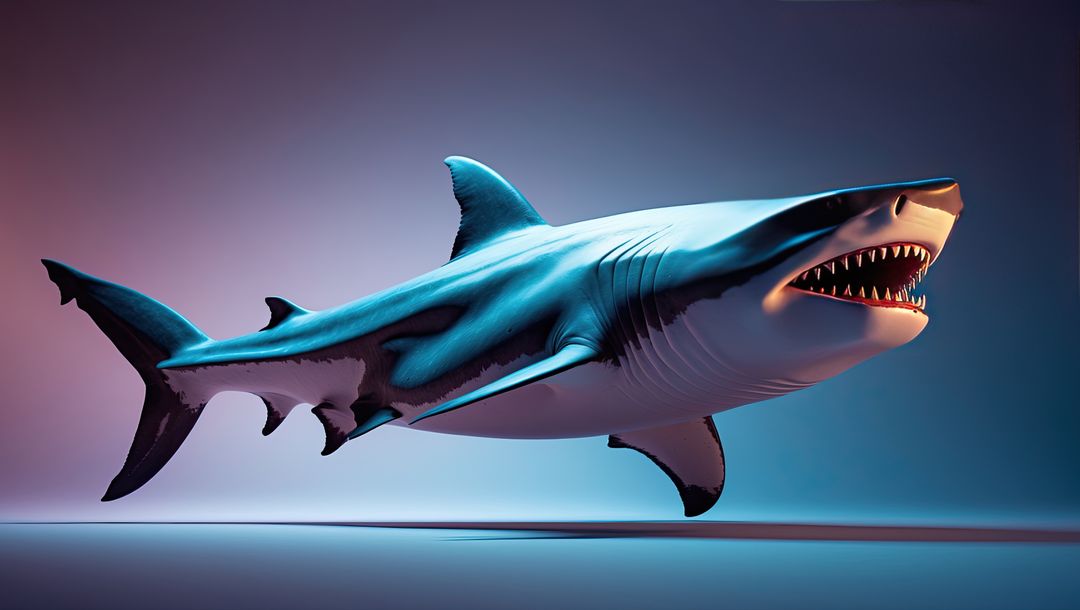 Lifelike digital megalodon shark with futuristic studio lighting