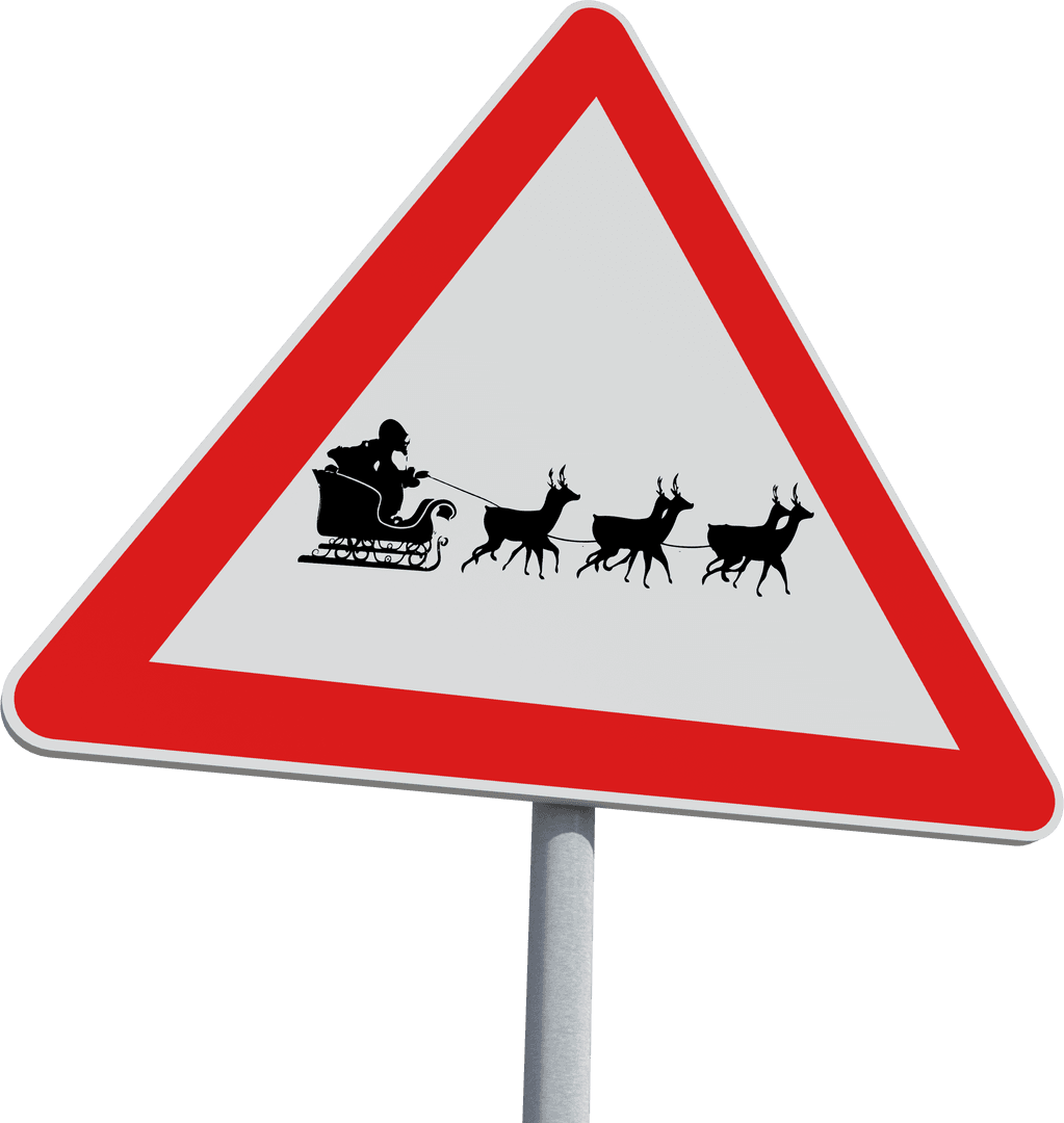 Red Warning Sign with Santa in Sleigh On Transparent Background