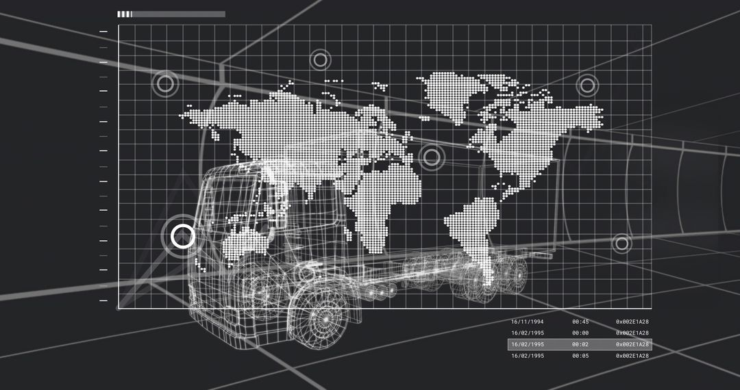 Futuristic Logistics Dashboard Showing Wireframe Commercial Truck, Global Map HUD, Telemetry Overlay