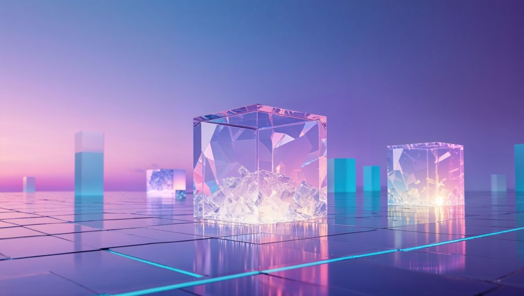 Futuristic Neon Cube Reflecting on Digital Grid