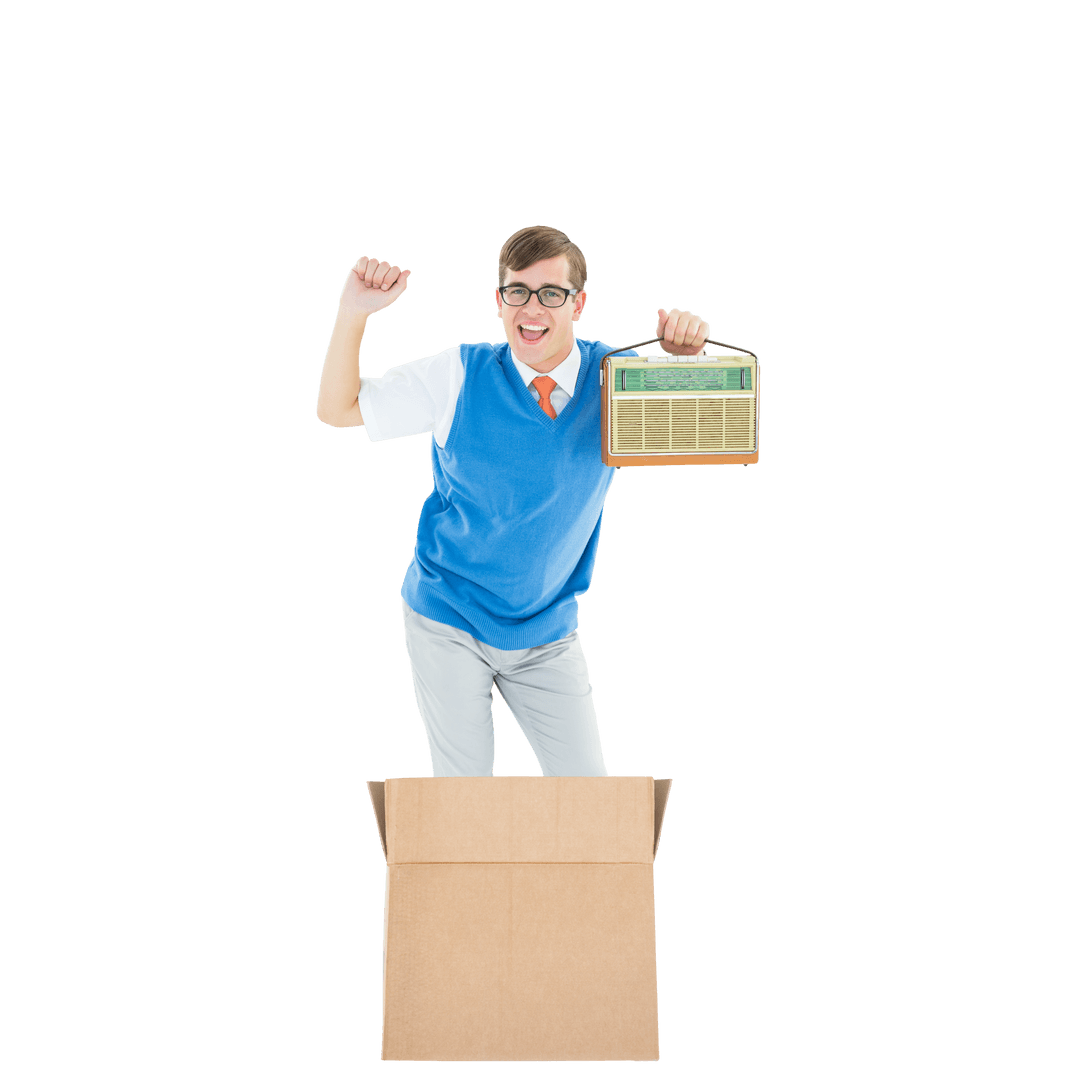 Happy Fashionable Man with Retro Radio Emerging from Box