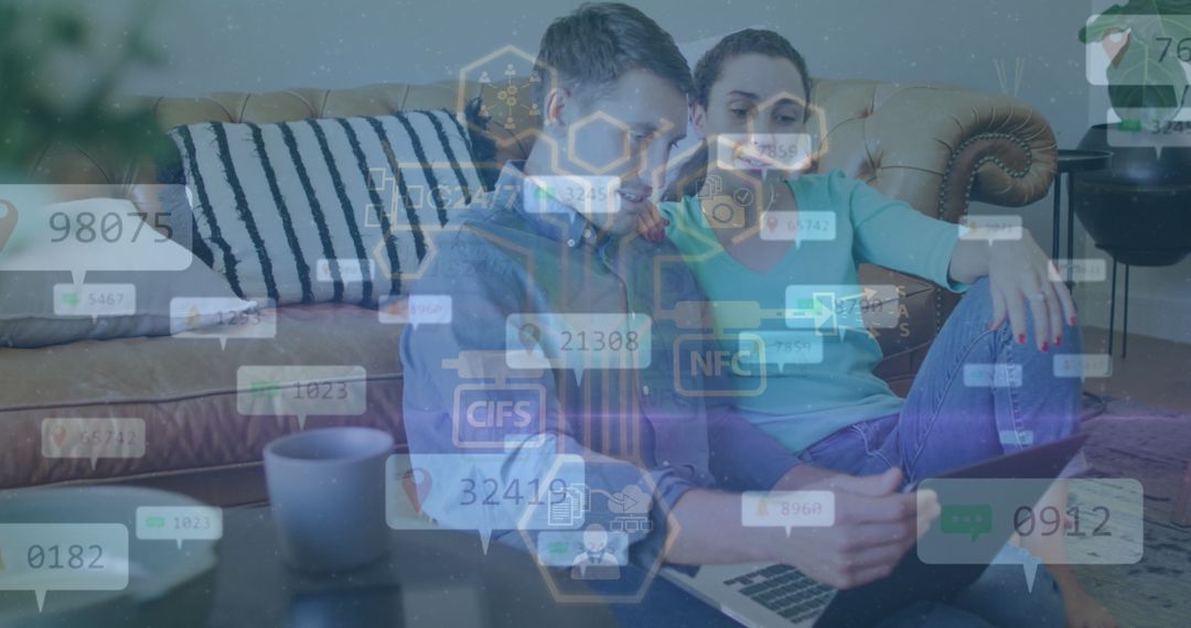 Couple Analyzing Data at Home With Digital Overlay Graphics