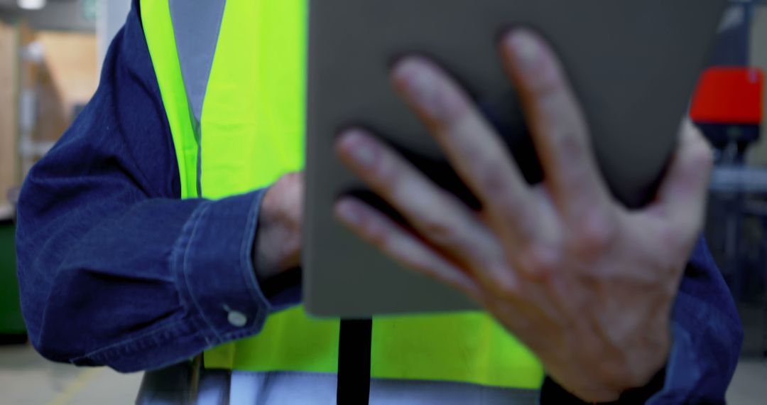 Industrial Worker in High Visibility Vest Using Digital Tablet - Free Images, Stock Photos and Pictures on Pikwizard.com