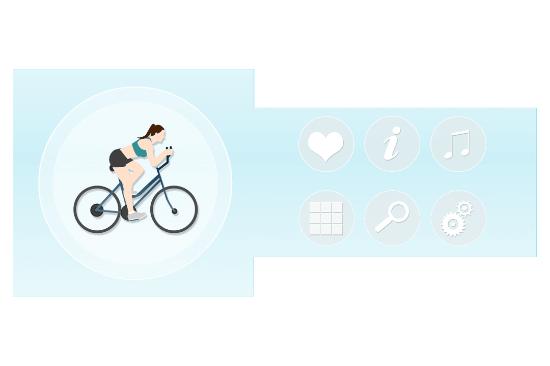 Transparent Bicycle Rider with Icon Set in Circular Symbols