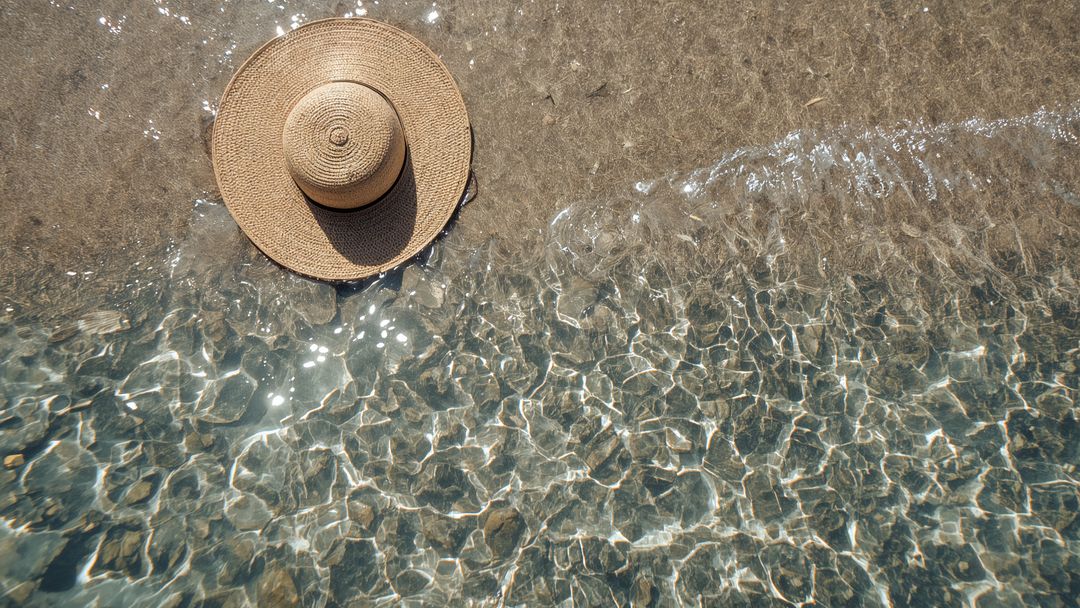 Sun Hat Resting on Clear Beach Water with Sparkling Sunlight