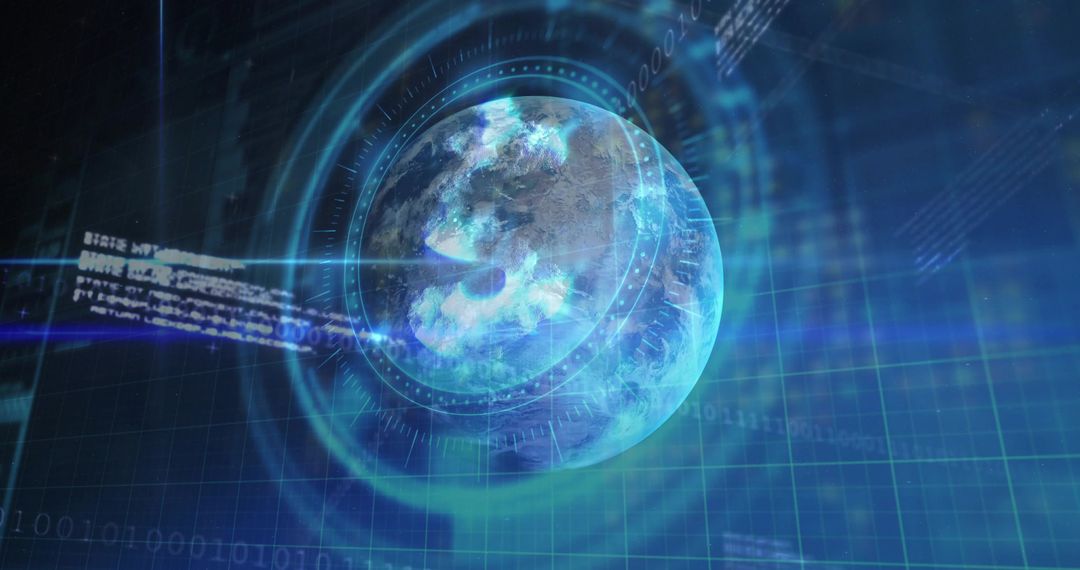 Holographic Globe Rotating with Futuristic HUD and Binary Data Streams, Teal Glow Interface