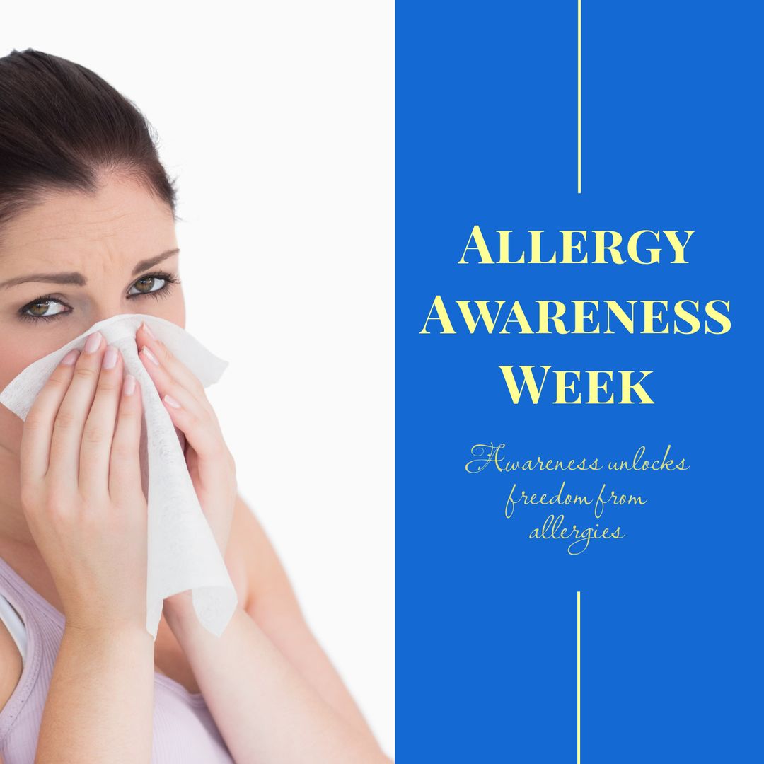 Allergy Awareness Week with Woman Blowing Nose and Health Message