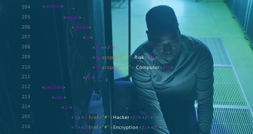 IT Technician Assessing Server Rack with HTML Code Overlay