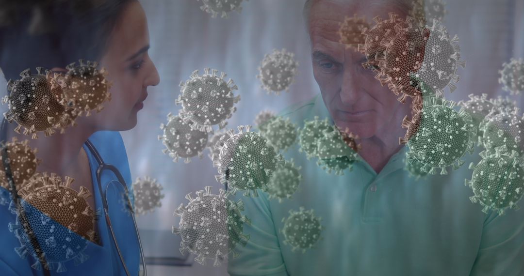 Health Worker Consulting Senior Man Amid Virus Simulation