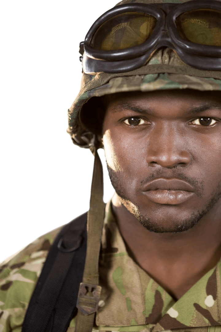 Close Up of Confident Soldier Wearing Uniform on Transparent Background