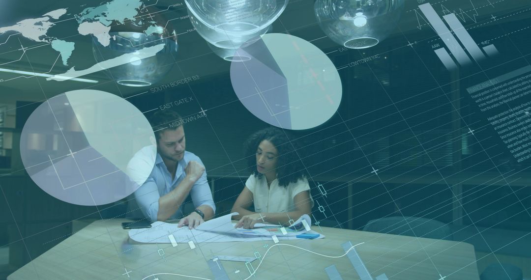 Team Analyzing Financial Data with Global Infographics in Office