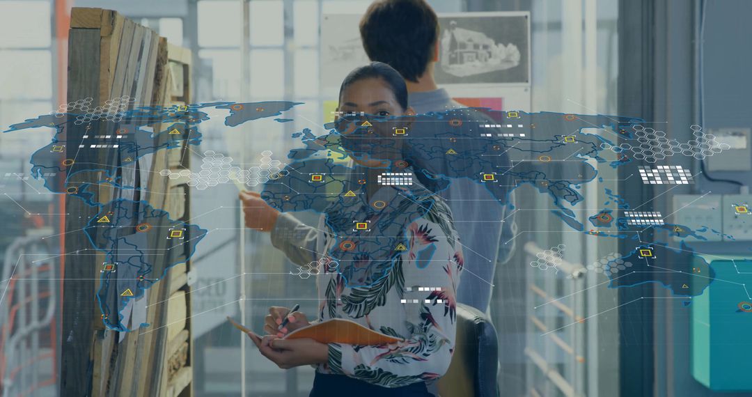 Creative Designer Analyzing Global Data with Technological Interface