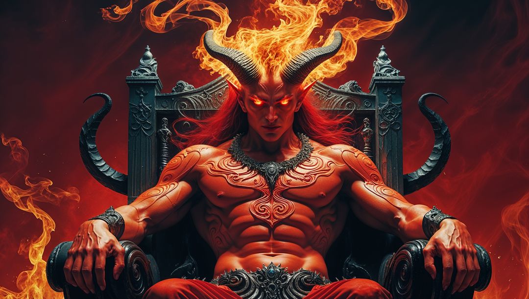 Satan in fiery throne room with ornate torso patterns