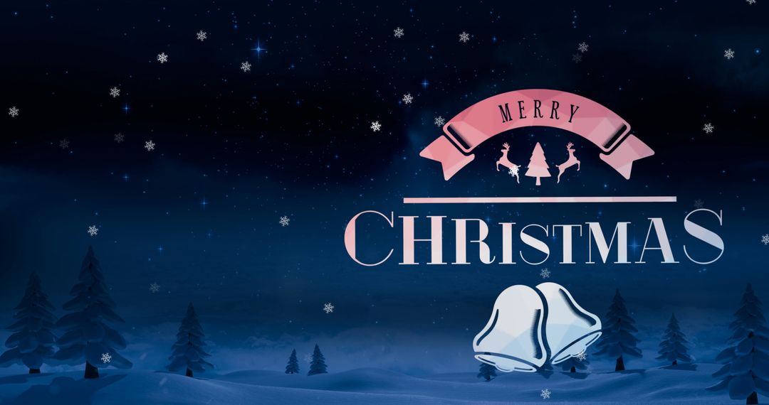 Merry Christmas Text with Snowfall on Winter Night Background