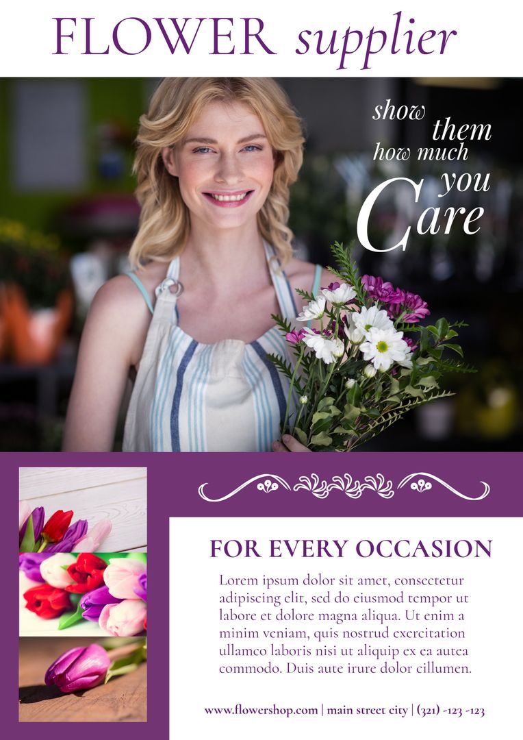 Smiling Florist Holding Fresh Bouquet Promotes Flower Business - Download Free Stock Templates Pikwizard.com