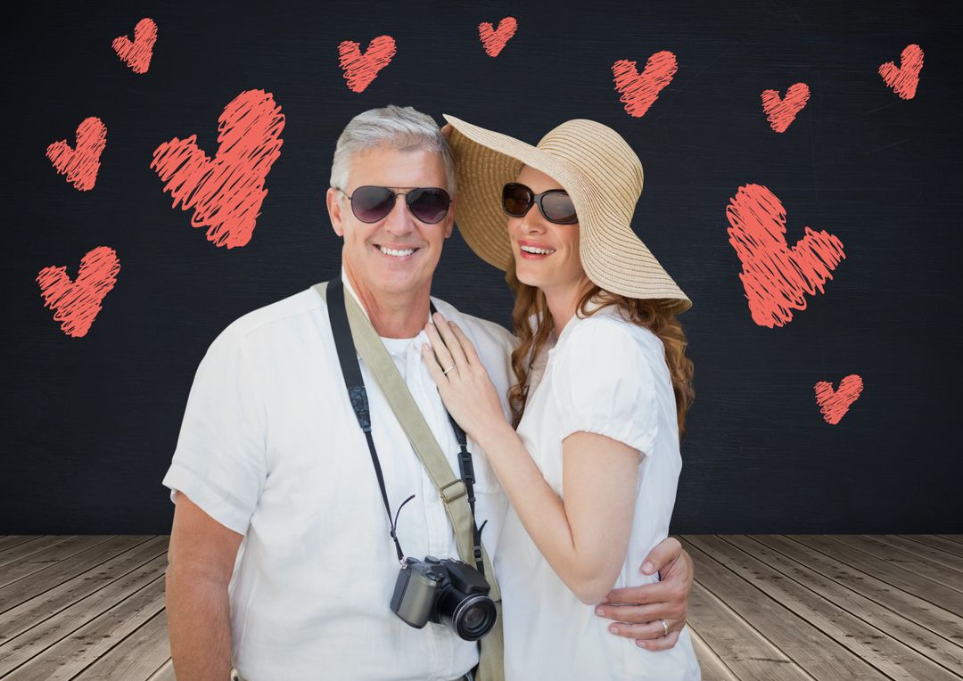 Smiling Happy Couple with Hearts Background Embracing Love