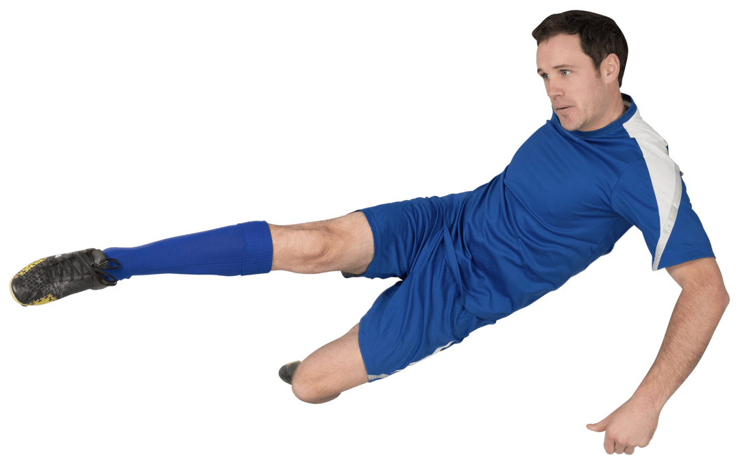 Transparent Football Player in Blue Kicking with Power and Skill