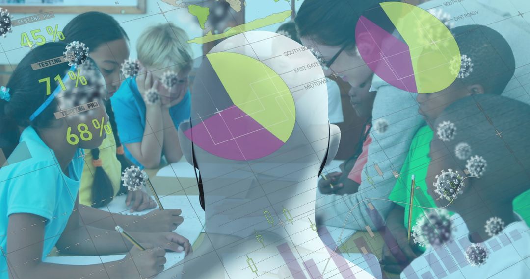 Students Collaborating in Classroom with Digital Data Overlays