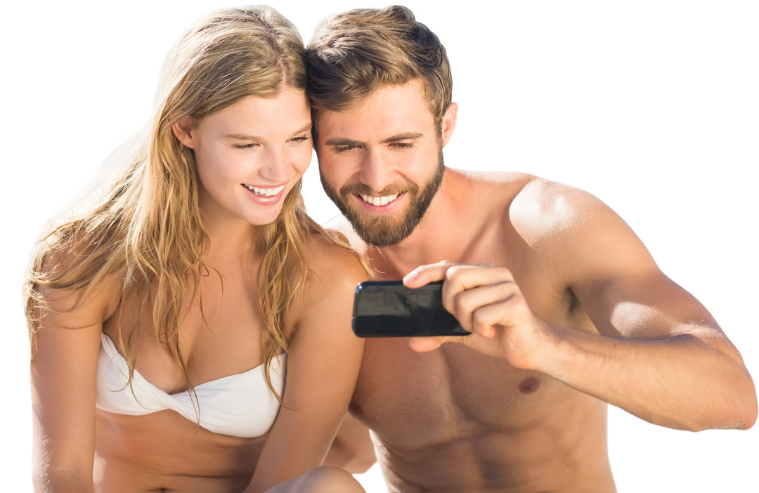 Happy Caucasian Couple Relaxing and Embracing Modern Gadgets Over Transparent Background - Download Free Stock Images Pikwizard.com