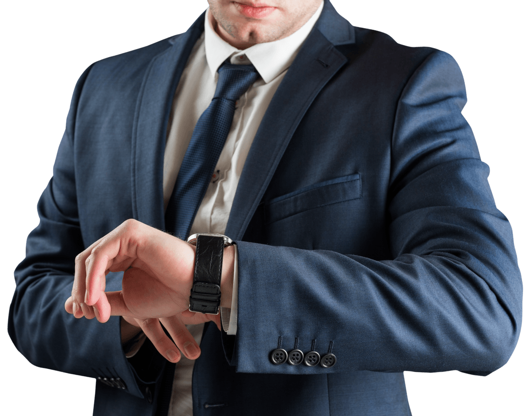 Transparent Businessman Checking Watch Time in Blue Suit