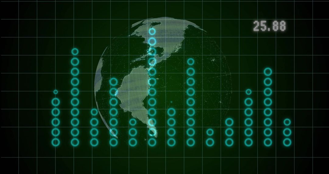 Global Analytics Dashboard Featuring Translucent Earth Globe with Neon Cyan Histogram Grid