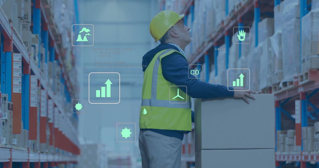 Warehouse Worker Organizing Boxes with Digital Interface Overlay