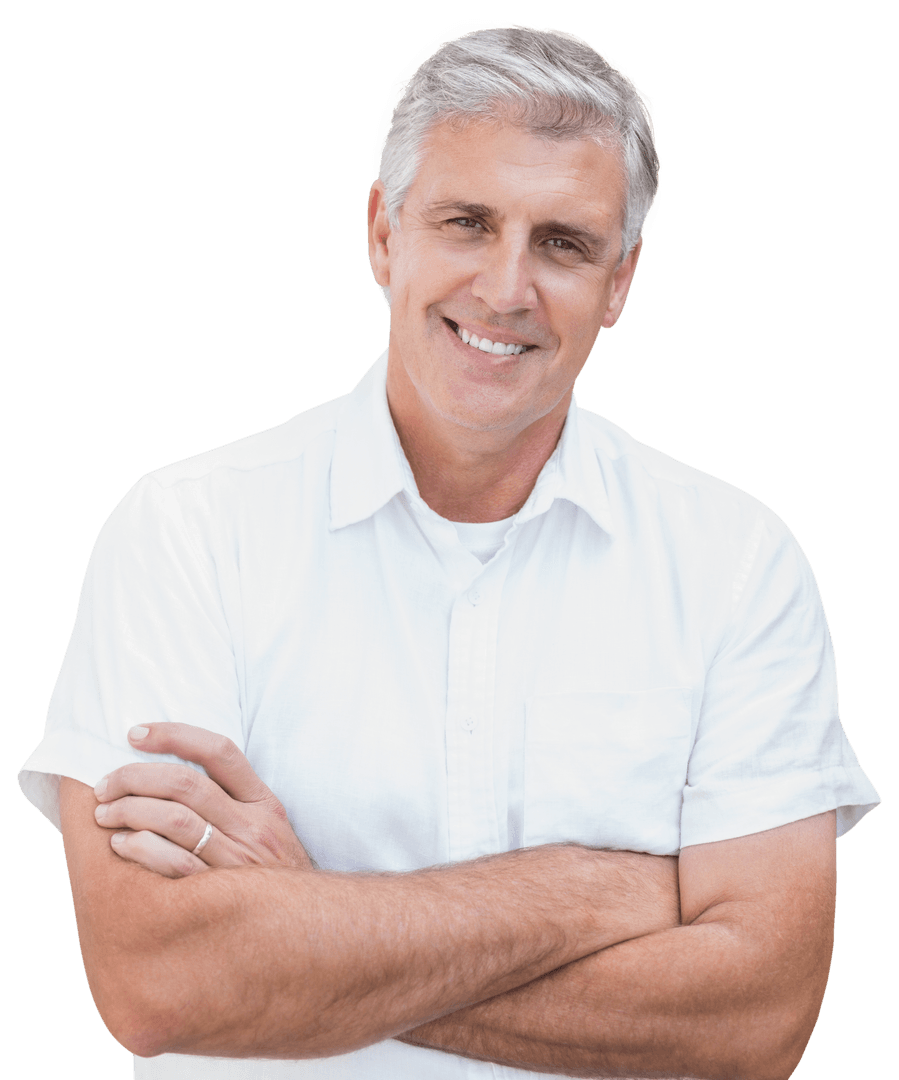 Smiling Mature Man in Casual White Shirt on Transparent Background