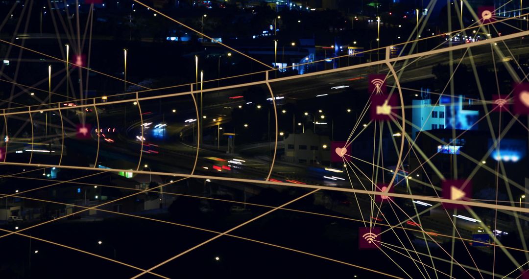 Digital Grid Networking Over Urban Highway at Night with Icons